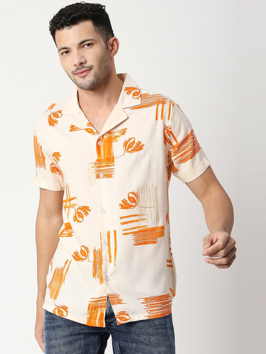 

MOD ECRU Men Orange Boxy Floral Printed Casual Shirt
