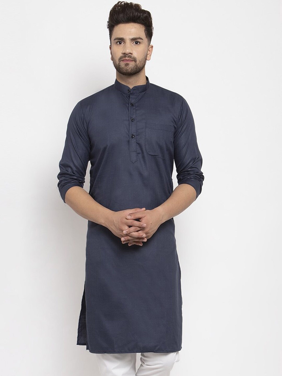 

Kaifoo Mandarin Collar Long Sleeves Straight Fit Cotton Kurta, Navy blue