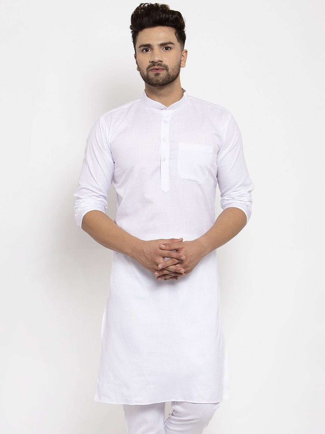 

Kaifoo Mandarin Collar Straight Fit Cotton Kurta, White