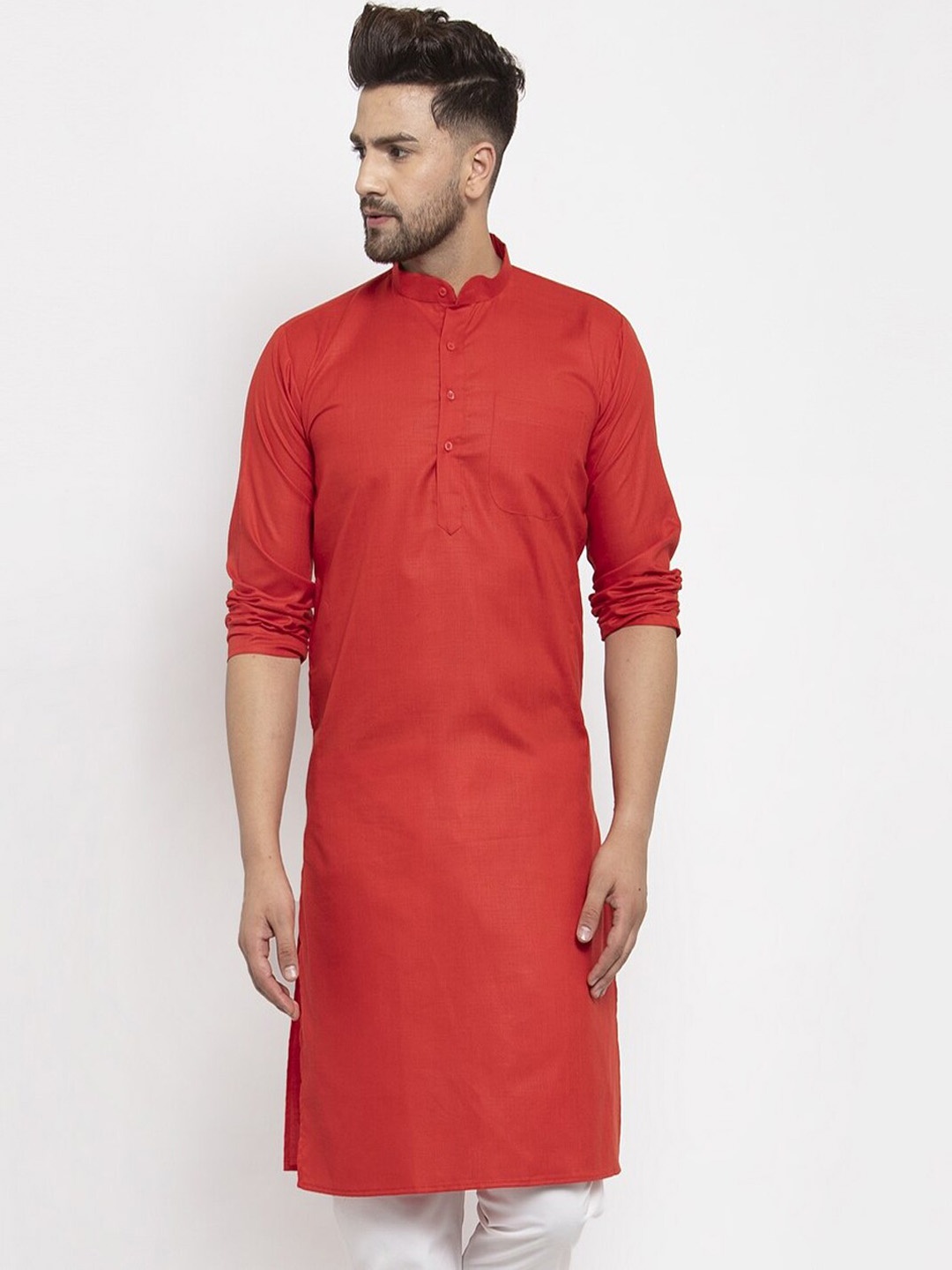 

Kaifoo Mandarin Collar Long Sleeves Straight Fit Cotton Kurta, Red