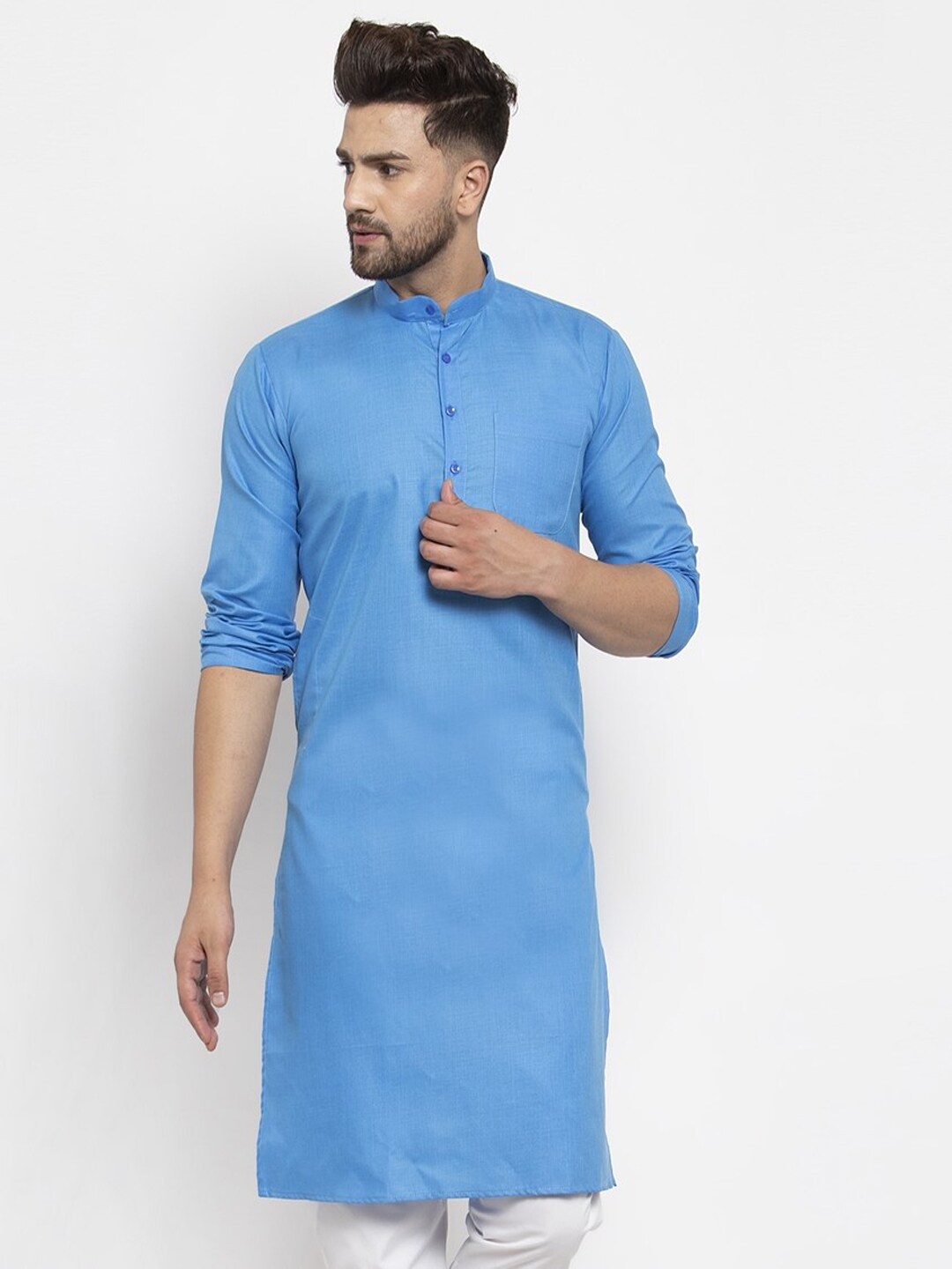 

Kaifoo Mandarin Collar Straight Fit Cotton Kurta, Blue