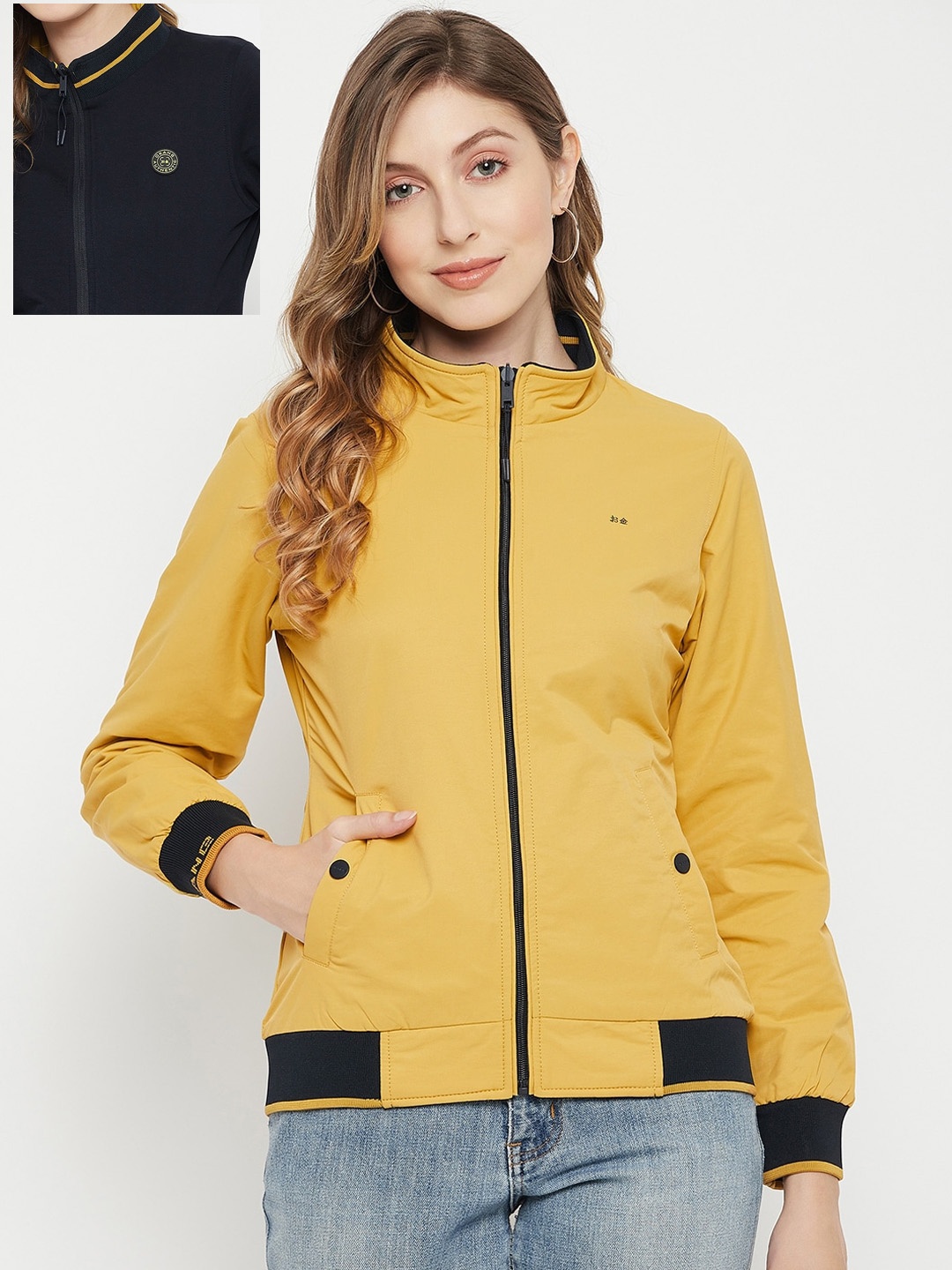

Okane Women Yellow & Navy Blue Reversible Bomber Jacket