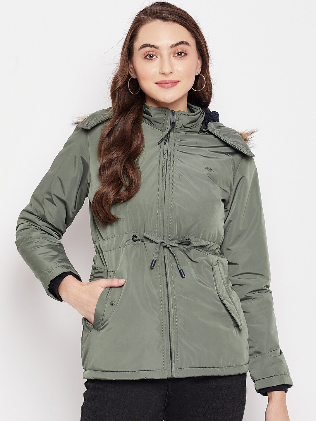 

Okane Women Olive Green Lightweight Longline Hooded Parka Jacket