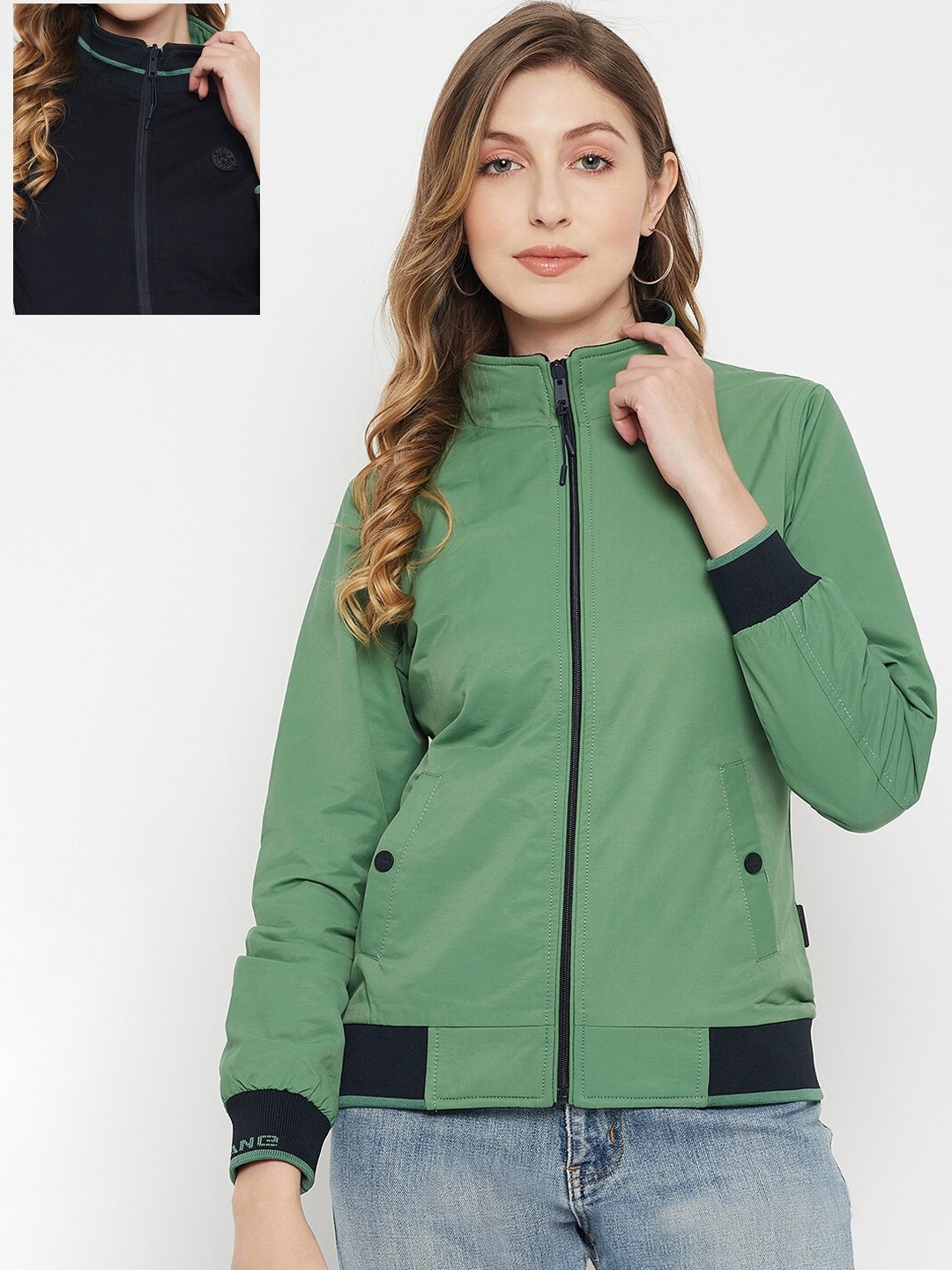 

Okane Women Green & Blue Reversible Bomber Jacket