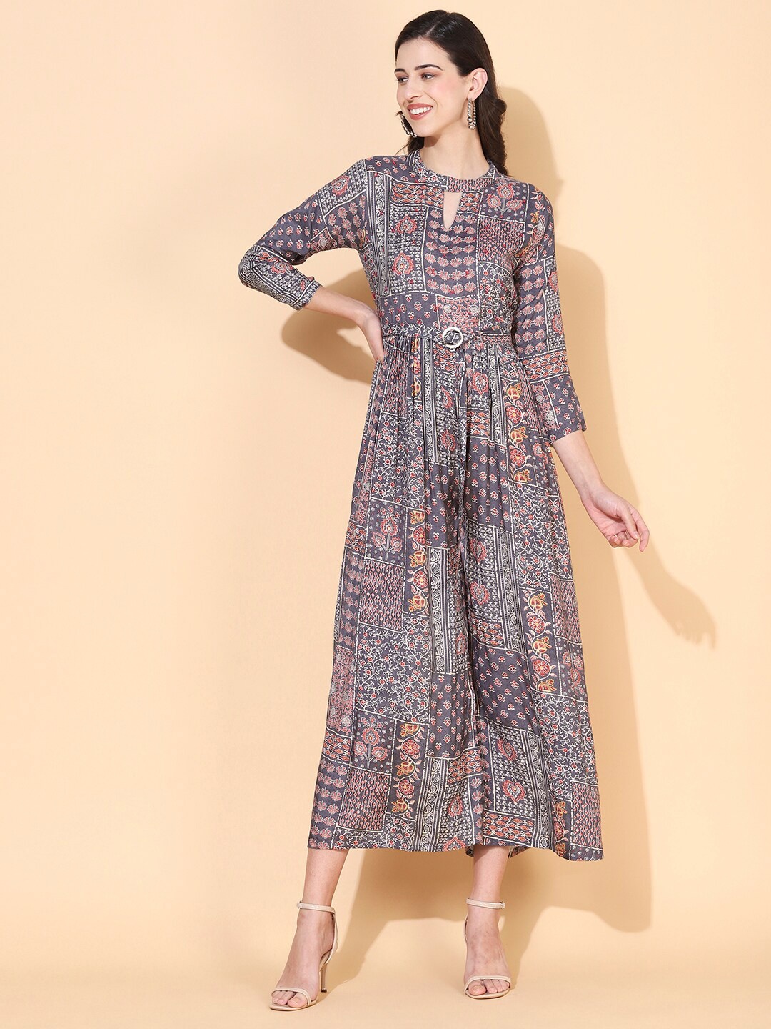 

FASHOR Grey & Red Printed Basic Jumpsuit