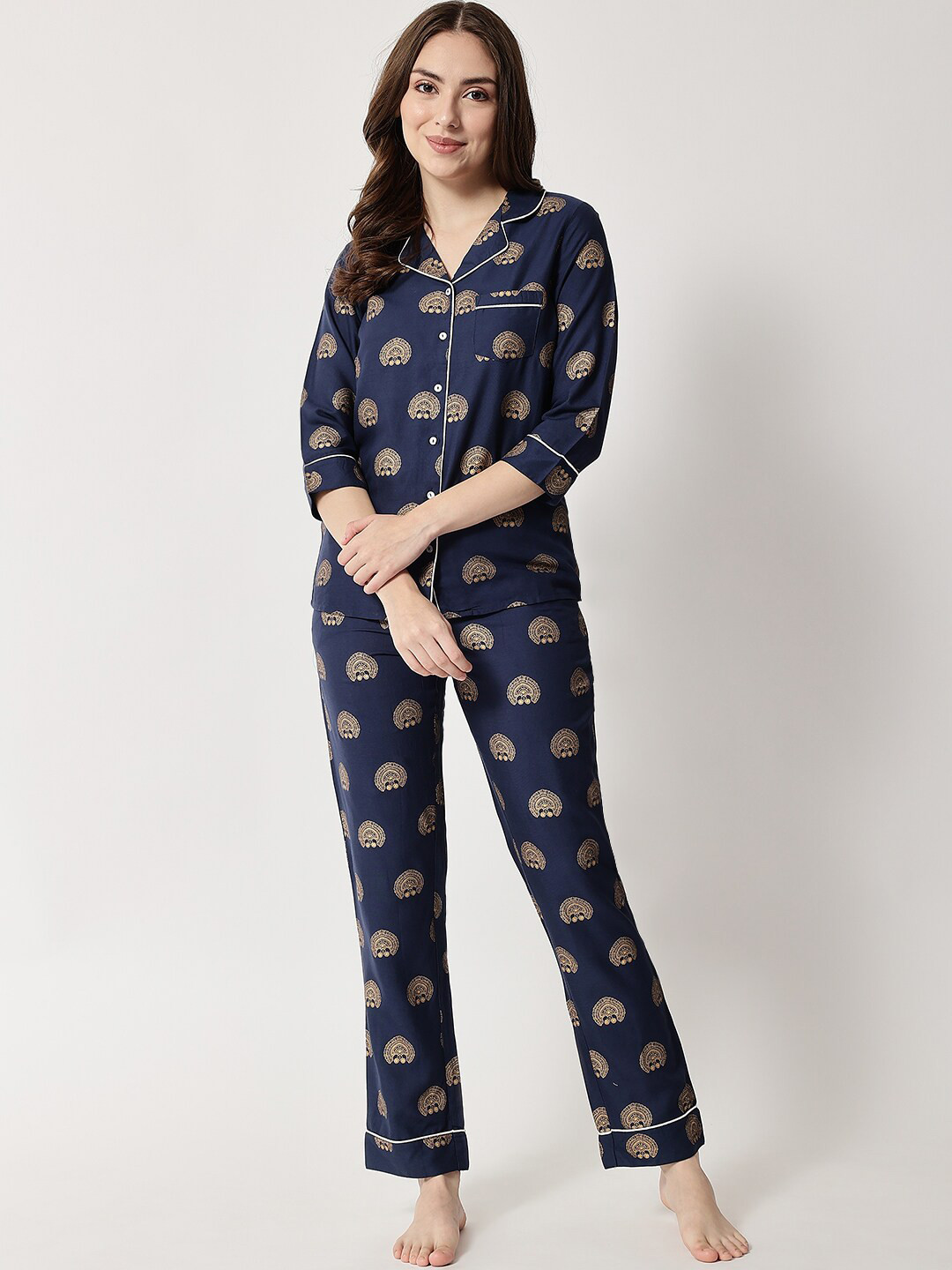 

HERE&NOW Women Navy Blue & Yellow Printed Night Suit