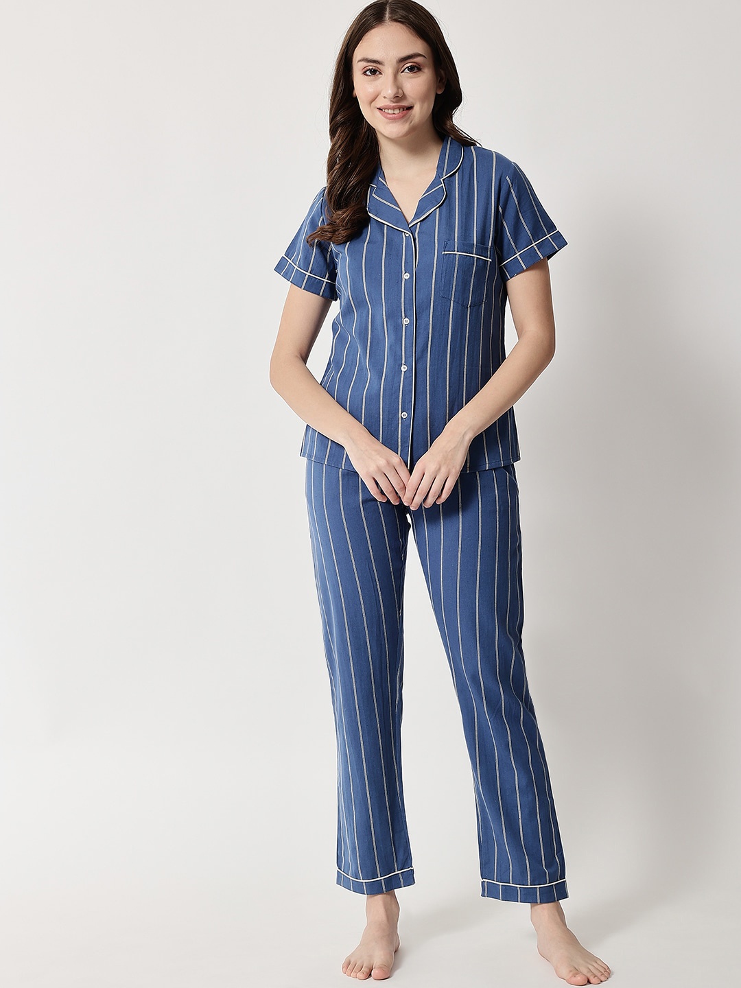 

HERE&NOW Women Blue & White Striped Pure Cotton Night suit