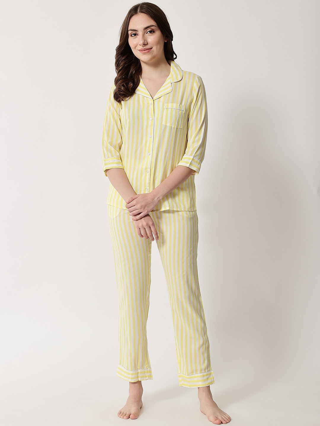 

HERE&NOW Women Yellow & White Striped Night suit