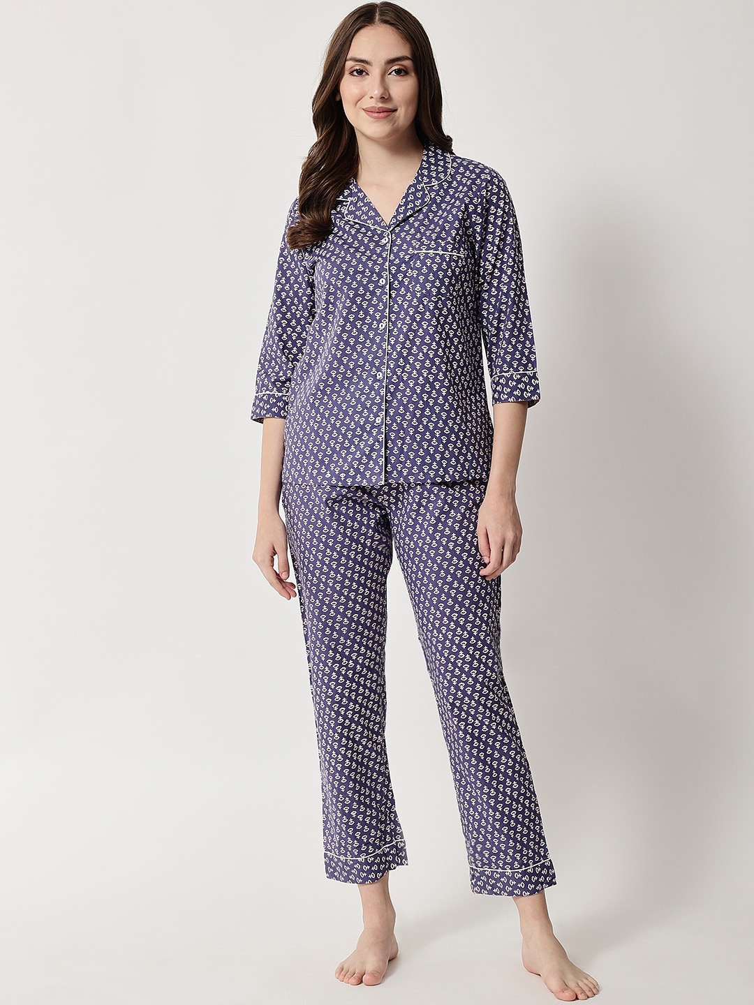 

HERE&NOW Women Blue & White Printed Cotton Night Suit