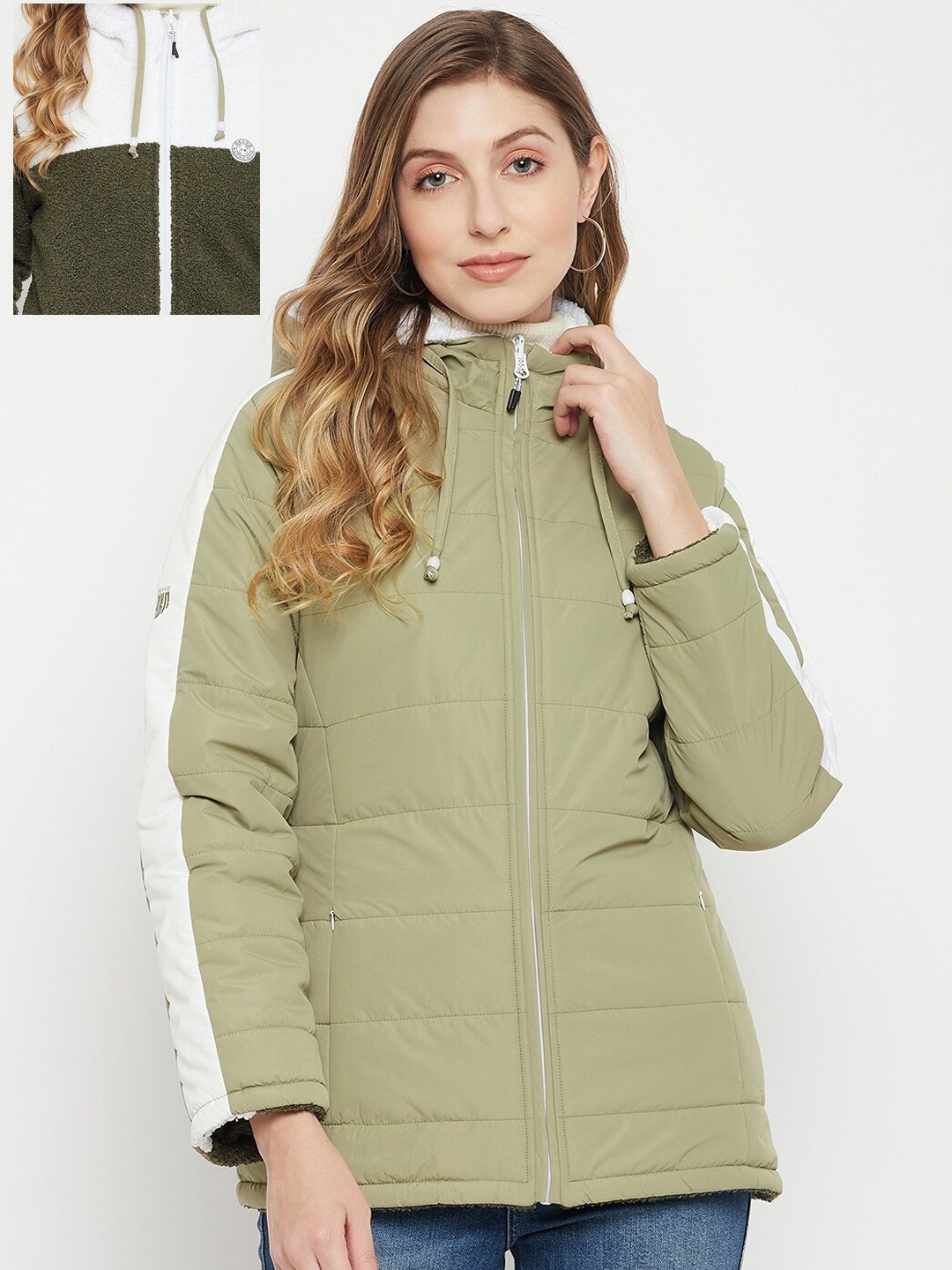 

Okane Women Olive Green & White Colourblocked Reversible Puffer Jacket