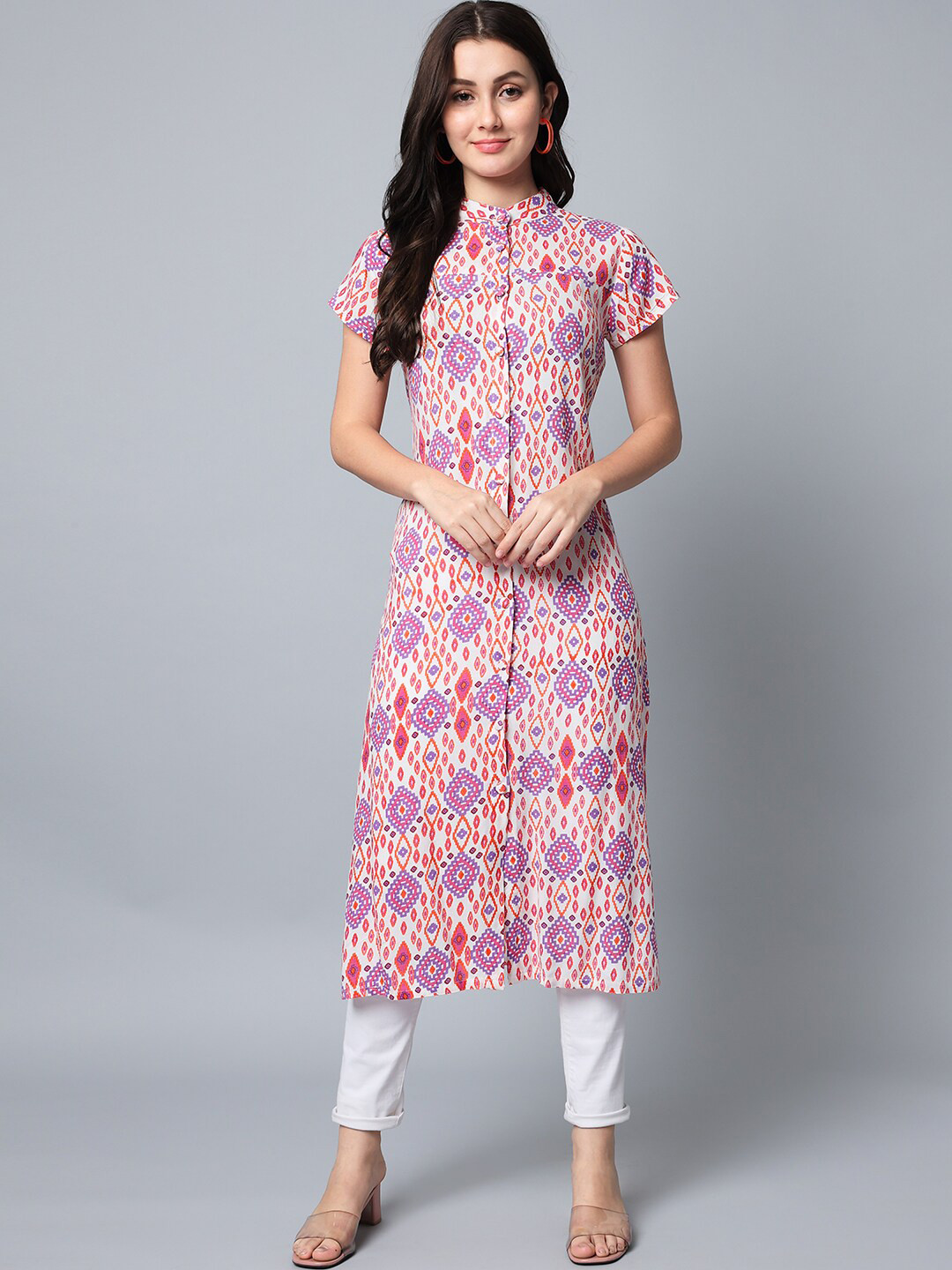 

HELLO DESIGN Geometric Printed Straight Regular Mandarin Collar Kurta, Pink