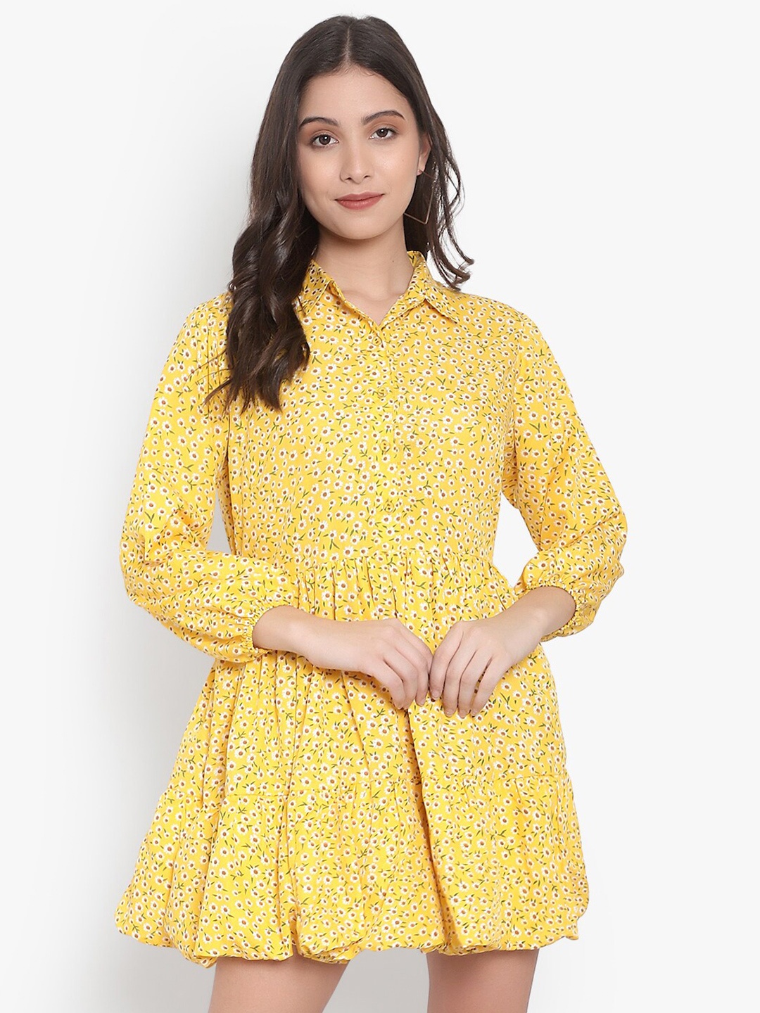 

Indietoga Women Yellow Floral Printed Tiered Dress