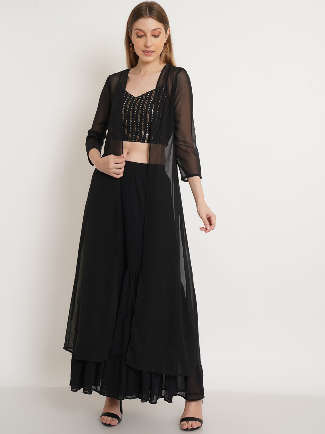 

Purple State Women Black Embroidered & Mirror Work Top & Sharara With Shrug