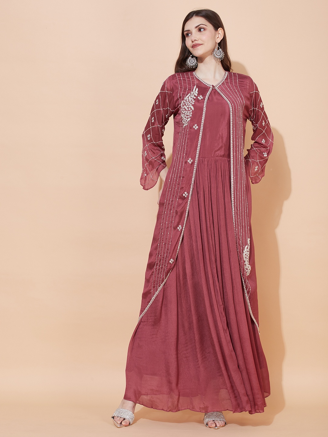 

FASHOR Mauve Maxi Dress With Embroidered Longline Jacket