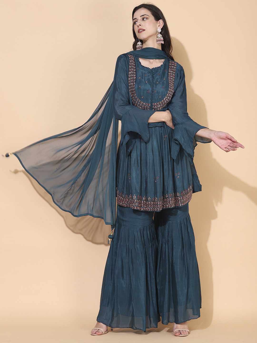 

FASHOR Women Teal Ethnic Motifs Embroidered Pleated Beads and Stones Silk Crepe Kurta with Sharara & With