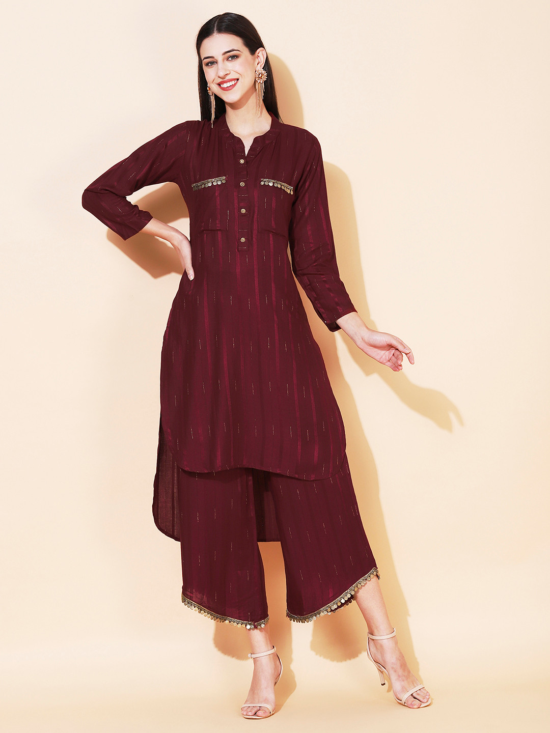 

FASHOR Women Maroon Striped Kurta with Palazzos