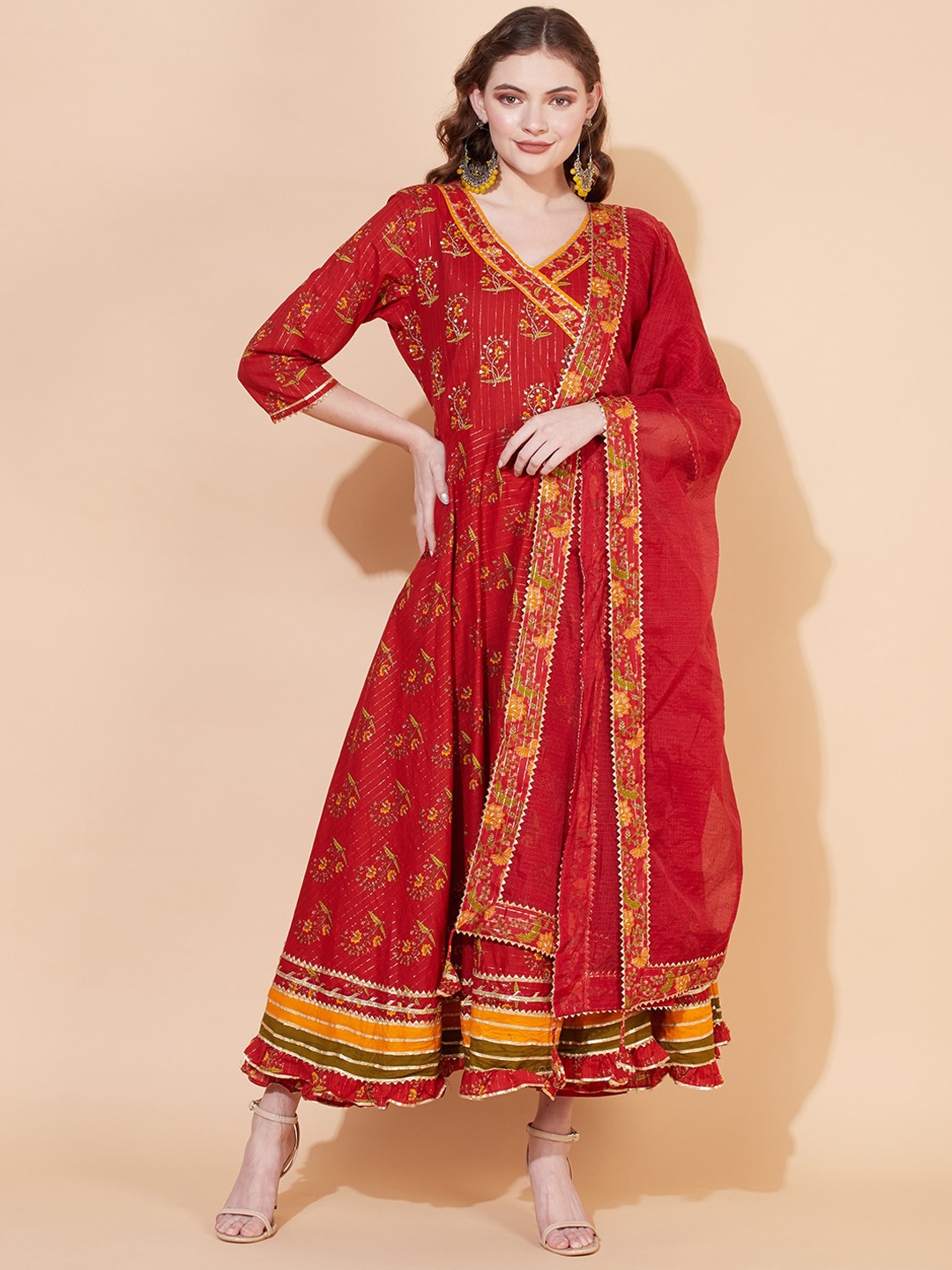 

FASHOR Women Red Floral Printed Angrakha Gotta Patti Pure Cotton Kurta with Trousers & With Dupatta