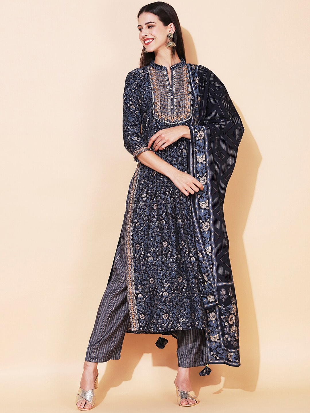 

FASHOR Women Navy Blue Floral Printed Pleated Sequinned Kurta with Trousers & With Dupatta