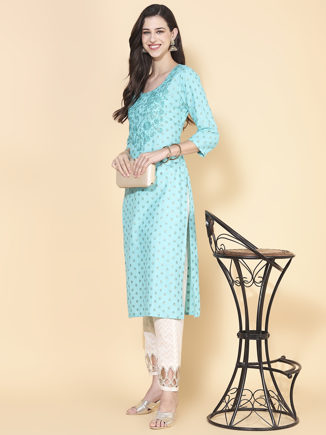 

FASHOR Turquoise Blue Ethnic Motifs Embroidered Thread Work Cotton Kurta