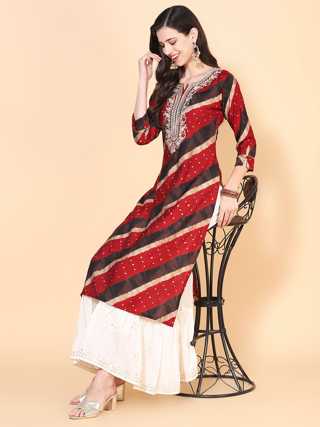 

FASHOR Leheriya Printed Calf Length Kurta, Red