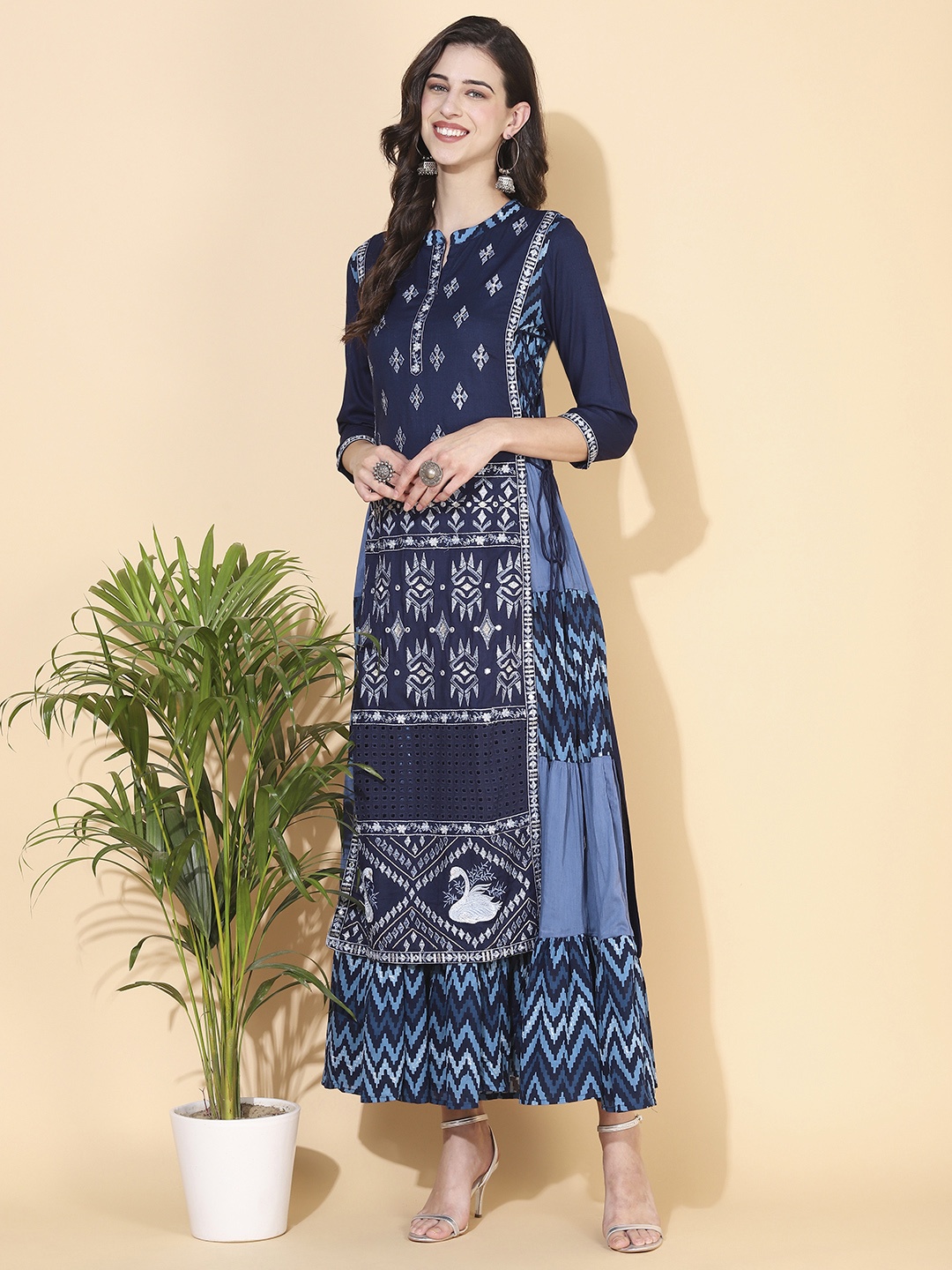 

FASHOR Blue Ethnic Motifs Embroidered Maxi Dress