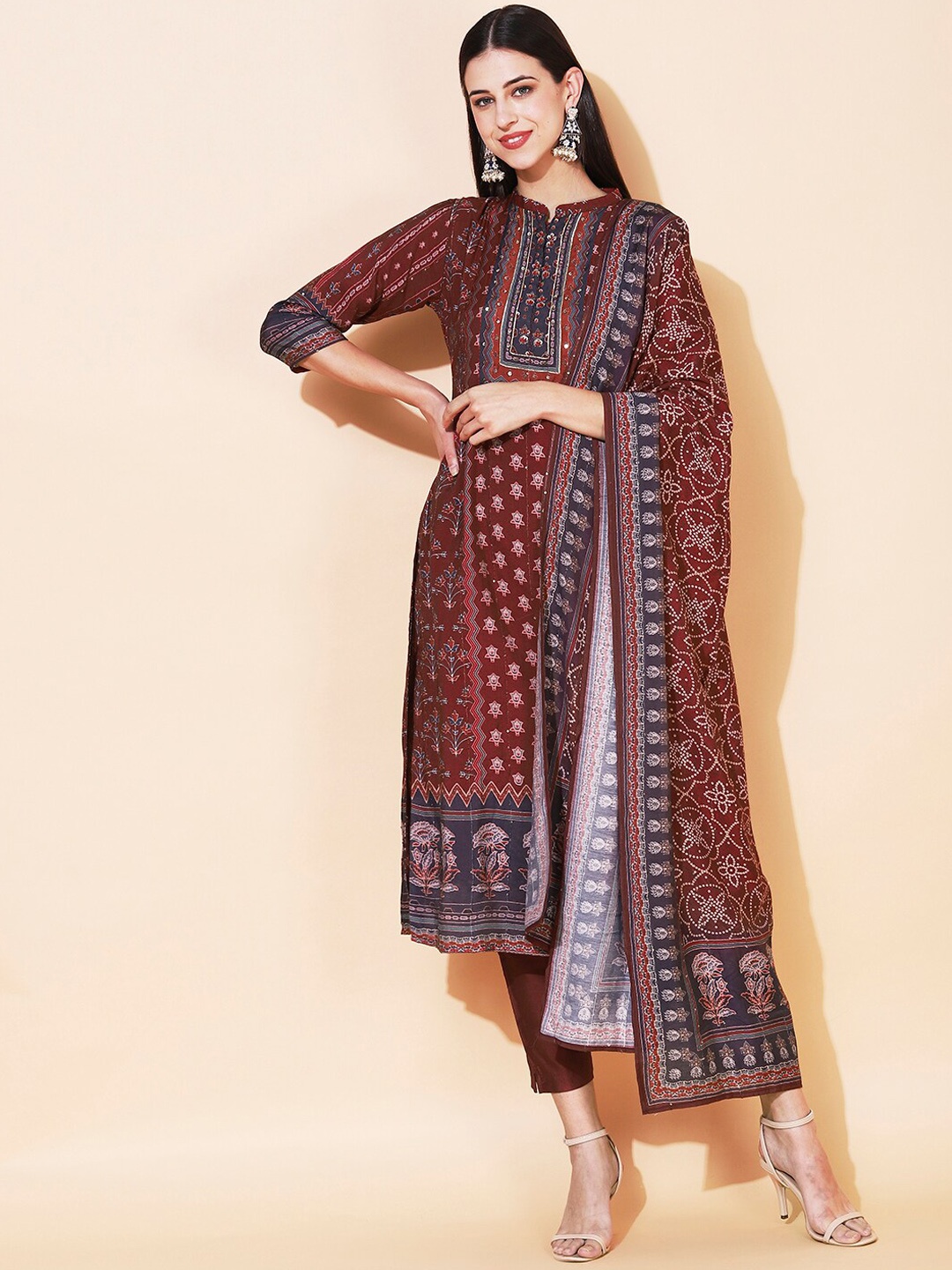 

FASHOR Women Maroon Ethnic Motifs Printed Thread Work Chanderi Silk Kurta with Trousers & With Dupatta