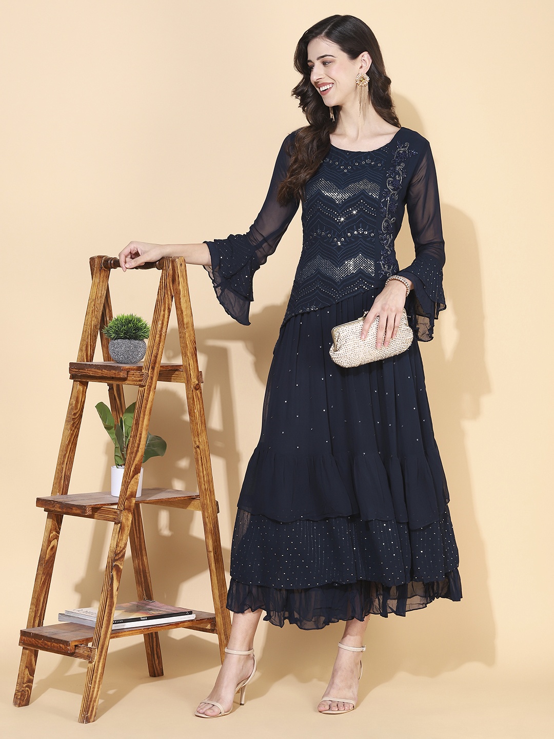 

FASHOR Women Navy Blue Floral Layered Georgette Maxi Dress