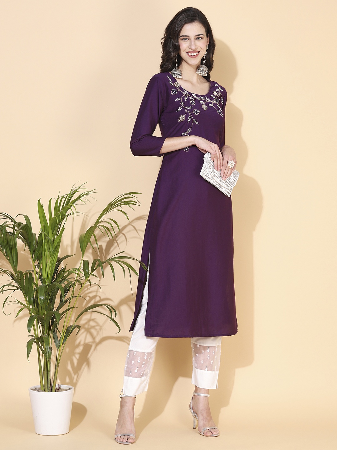 

FASHOR Women Purple Yoke Design Kurta