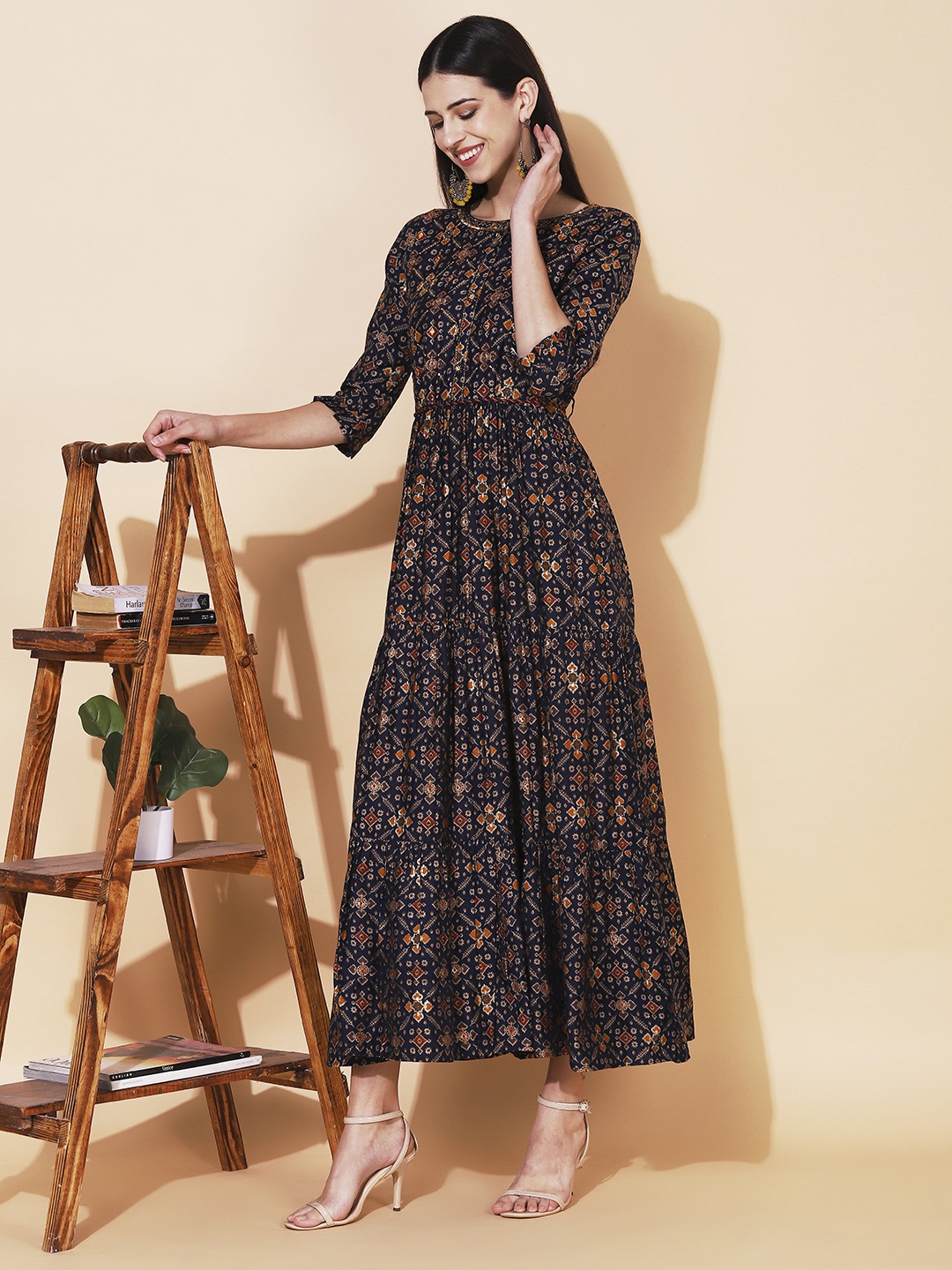 

FASHOR Women Navy Blue Ethnic Motifs Maxi Dress