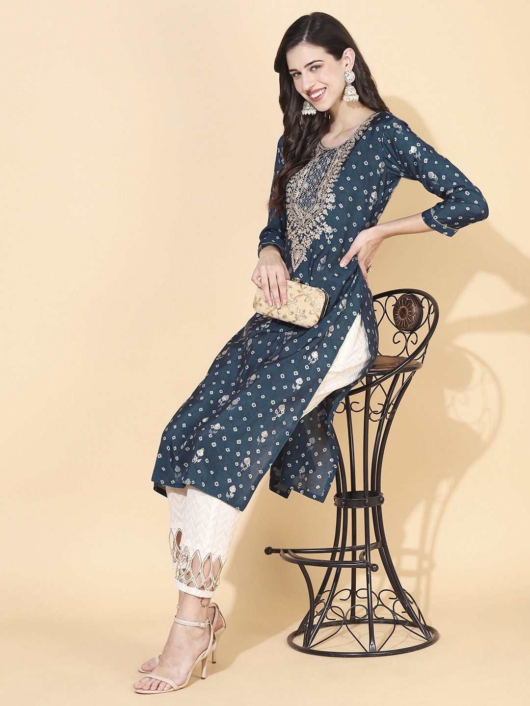 

FASHOR Women Teal Ethnic Motifs Printed Kurta