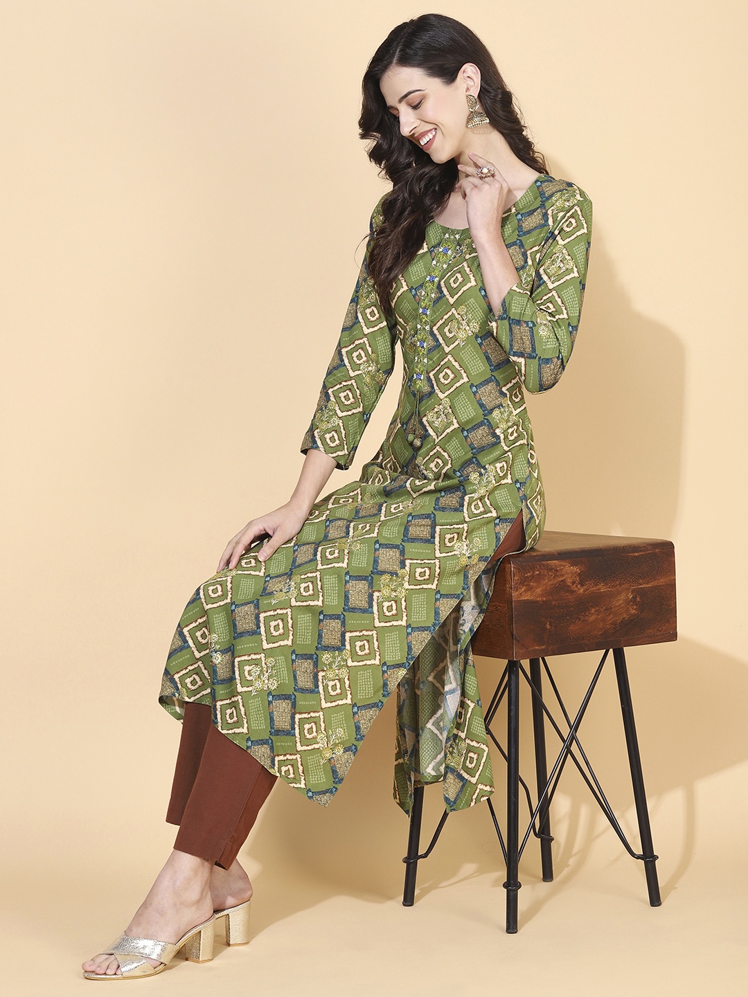 

FASHOR Geometric Printed Kurta, Green