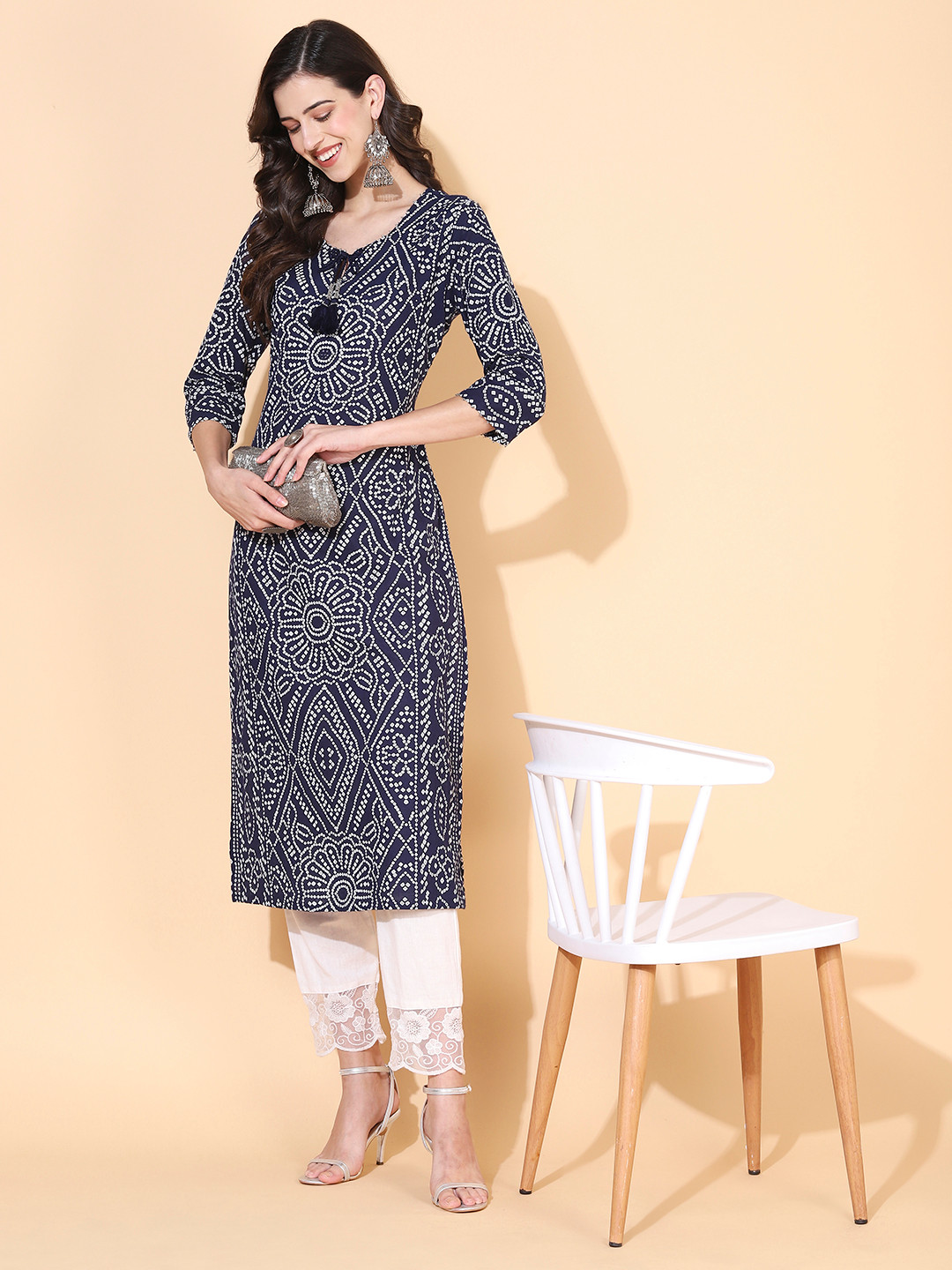 

FASHOR Geometric Printed Kurta, Navy blue