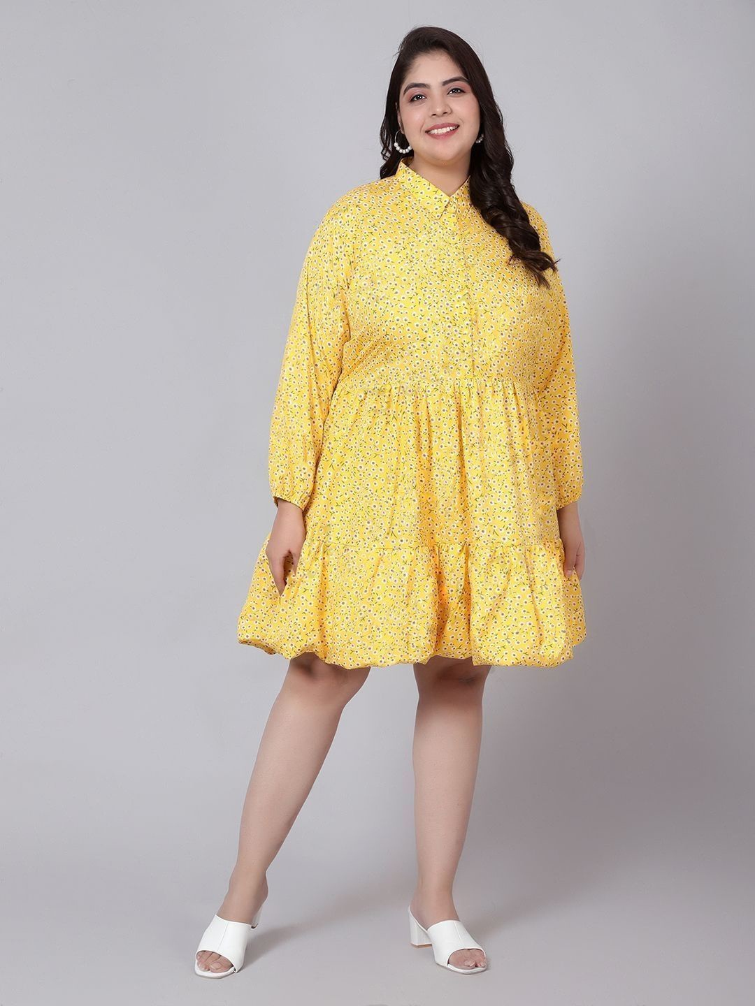 

Indietoga Women Plus Size Yellow Floral Printed Tiered Dress