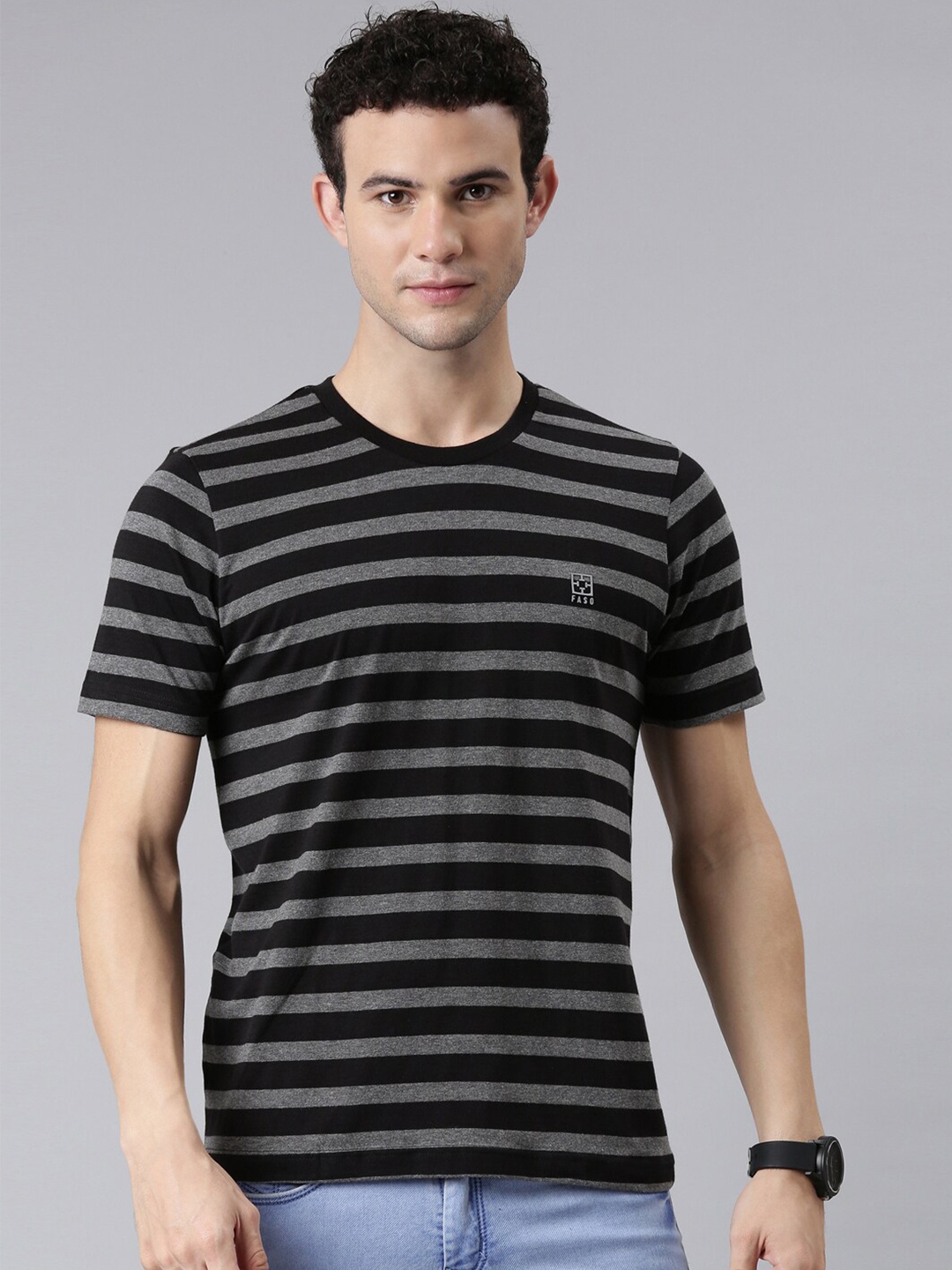 

FASO Men Black & Grey Striped Organic Cotton T-shirt