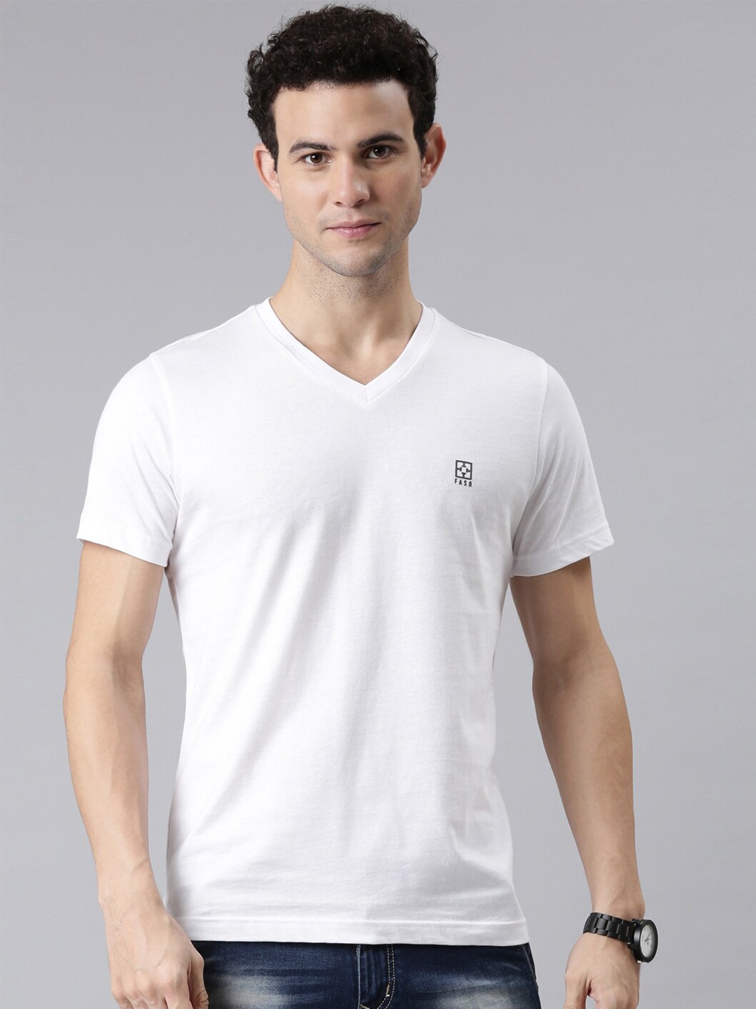 

FASO Men White V-Neck Solid Organic Cotton T-shirt