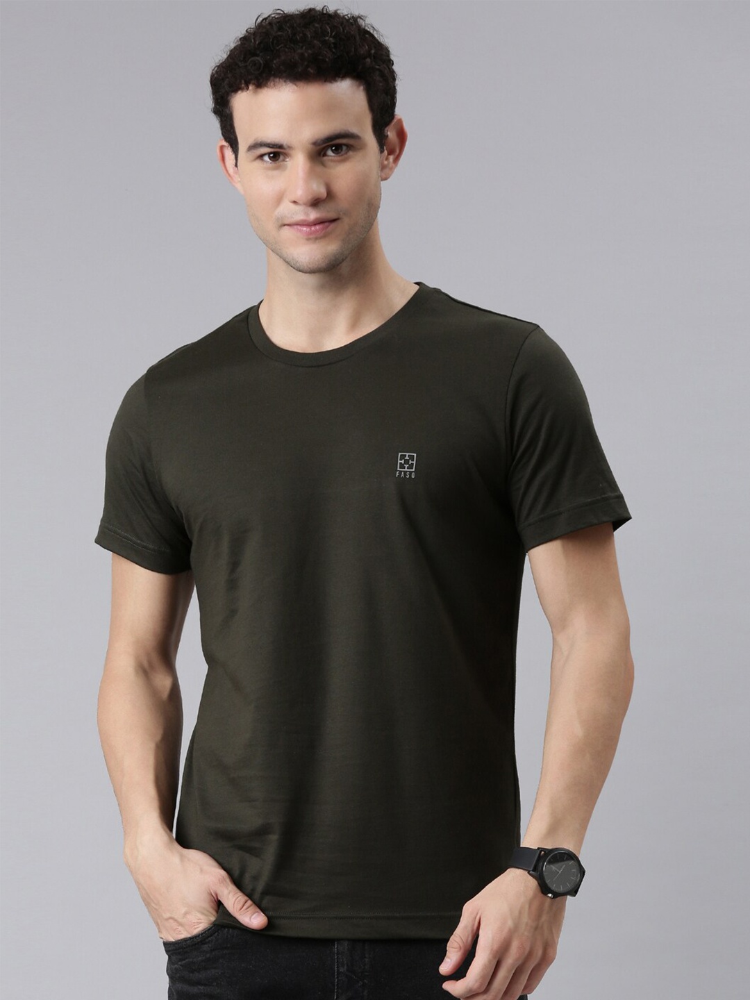 

FASO Men Olive Green Solid Organic Cotton T-shirt