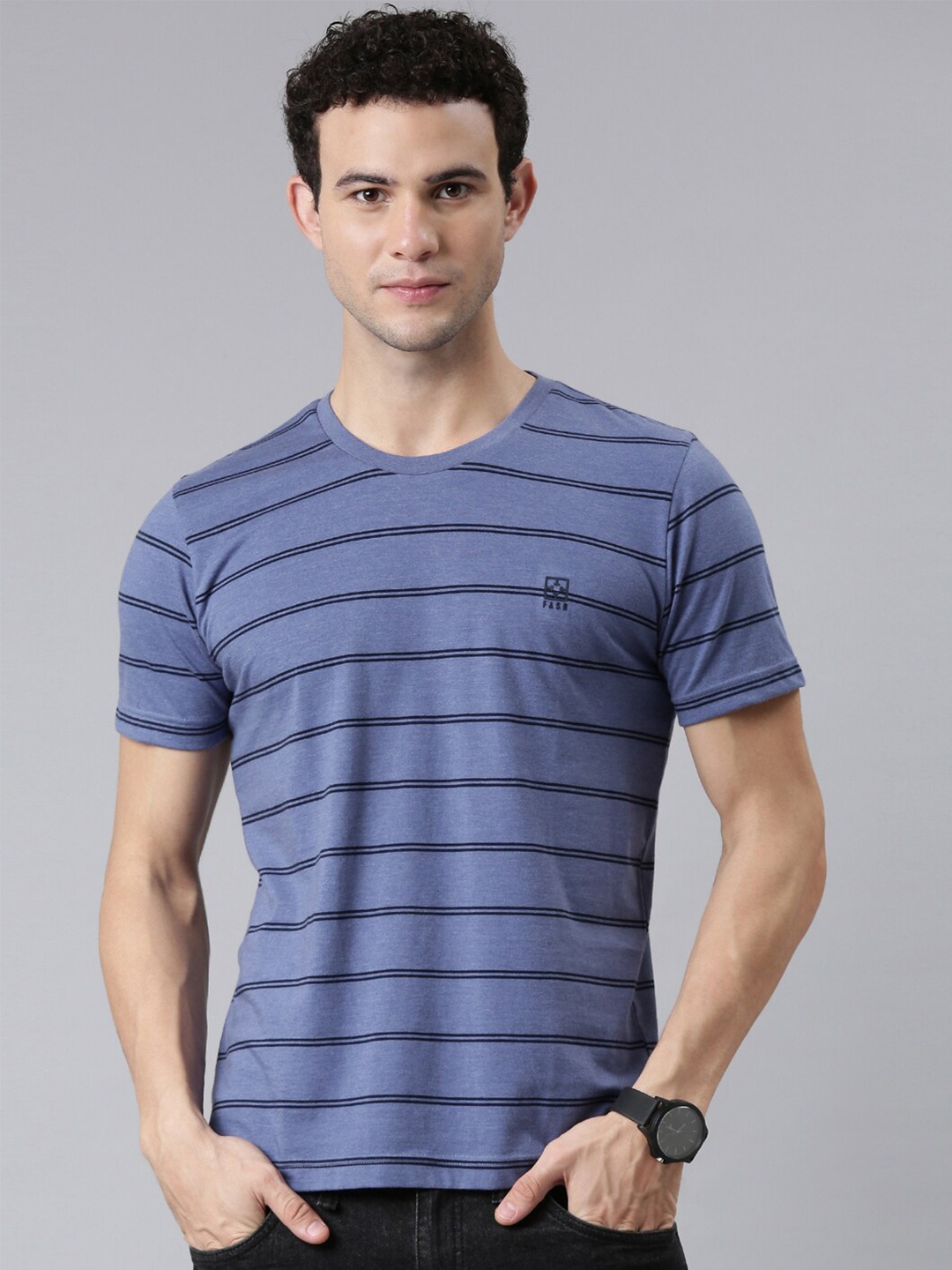 

FASO Men Blue & Black Striped Organic Cotton T-shirt