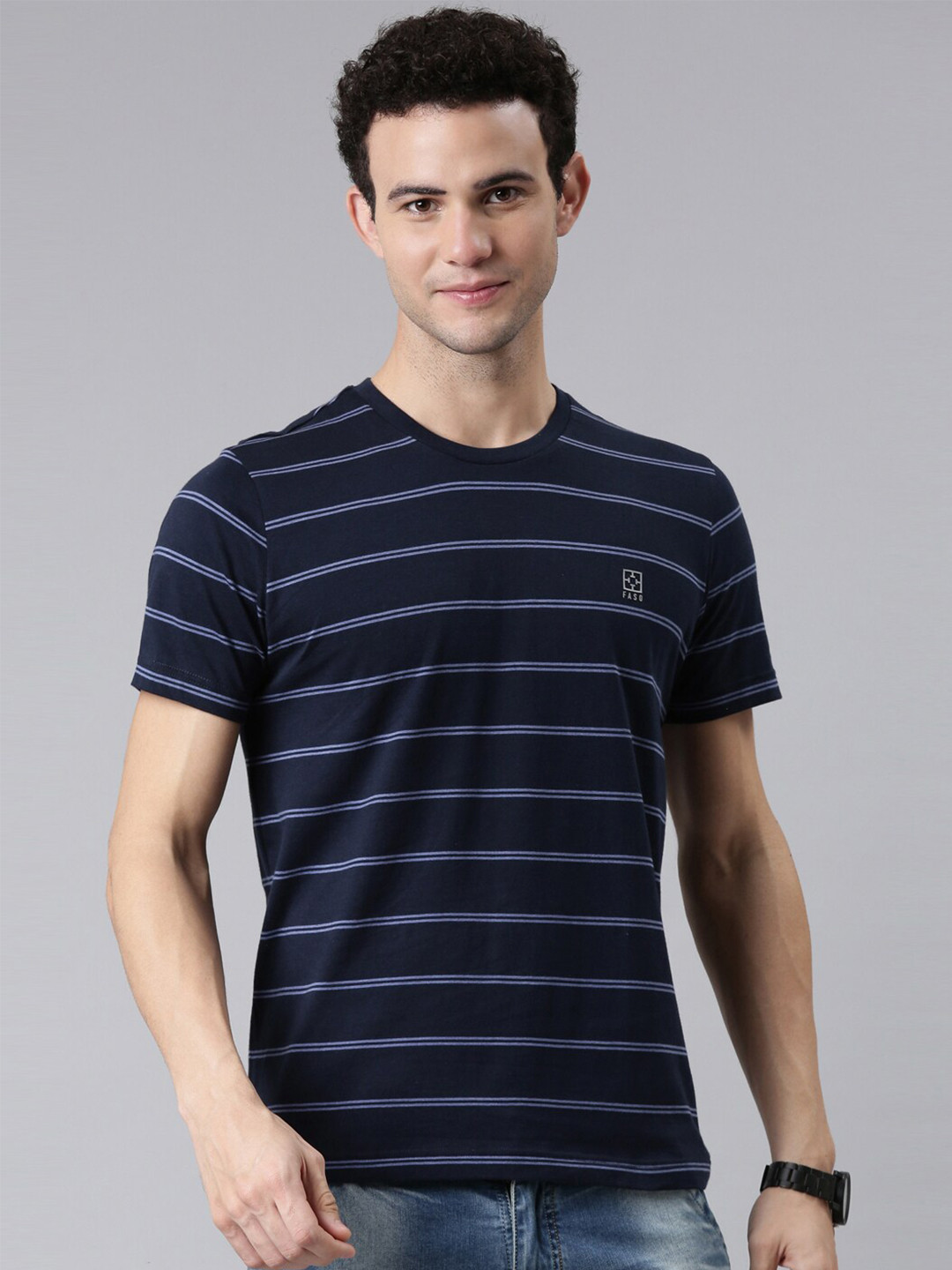 

FASO Men Navy Blue Striped Organic Cotton T-shirt