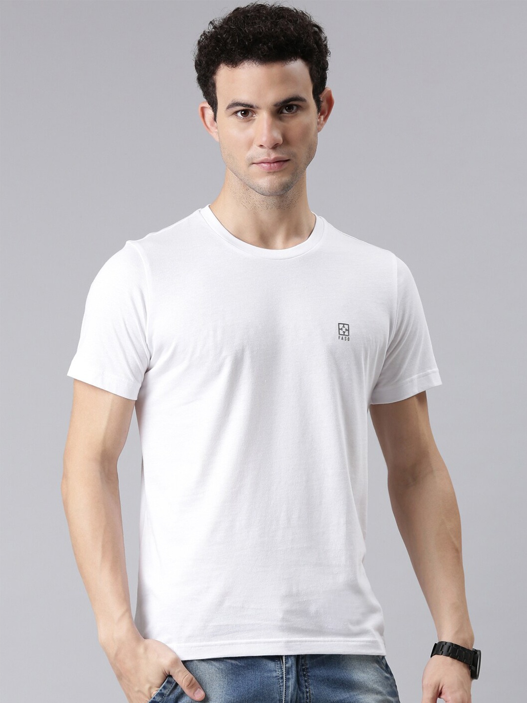 

FASO Men White Solid Organic Cotton T-shirt