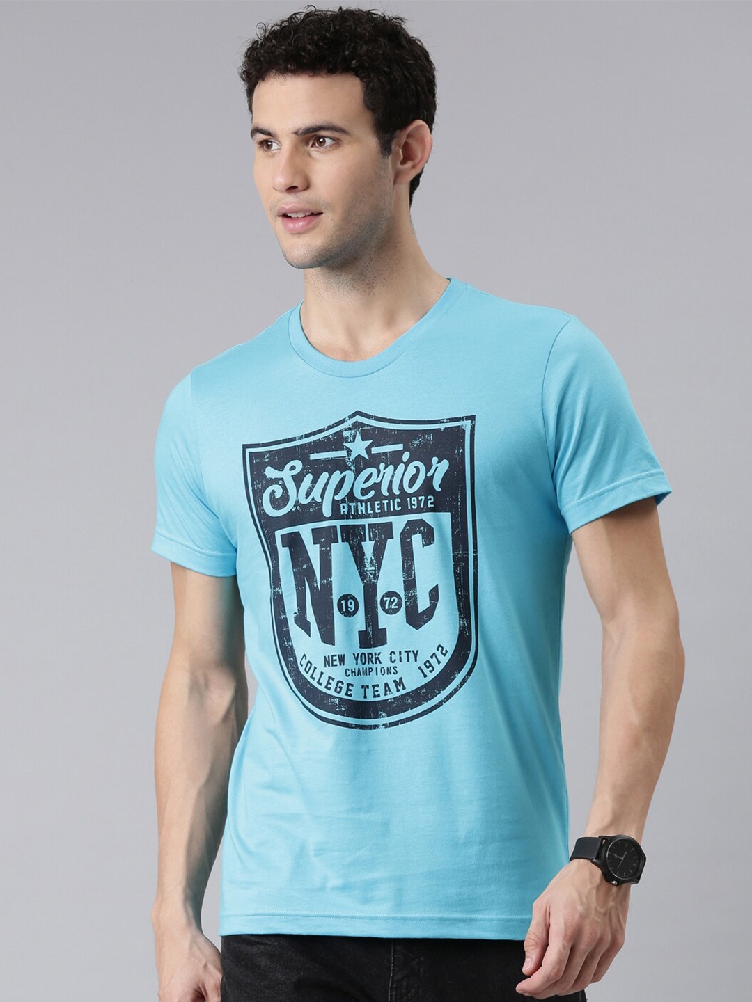 

FASO Men Turquoise Blue Typography Printed Pure Cotton T-shirt