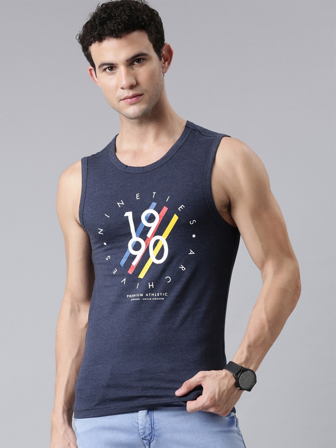 

FASO Men Blue Typography Printed Sleeveless Organic Cotton T-shirt
