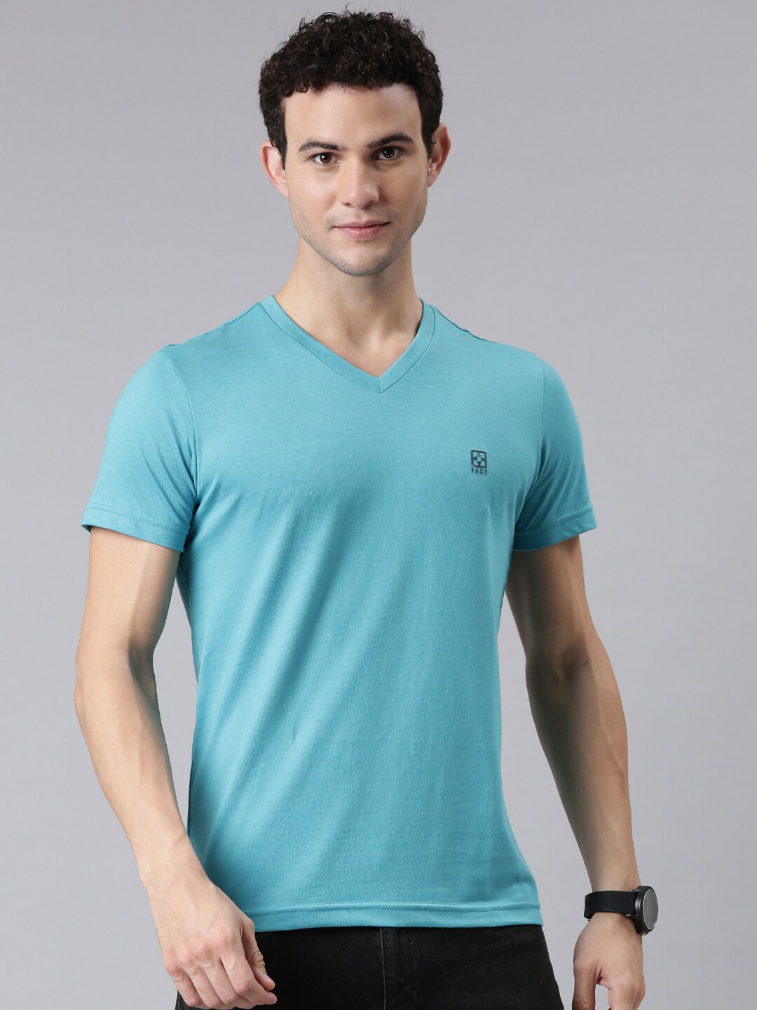 

FASO Men Turquoise Blue Solid V-Neck Organic Cotton T-shirt