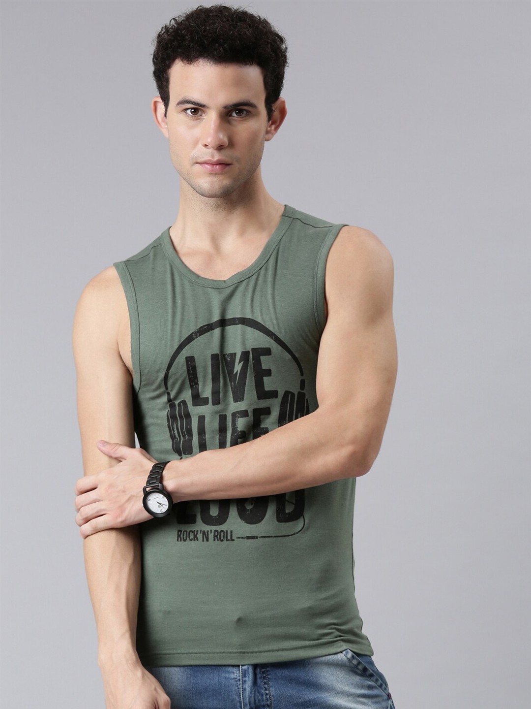 

FASO Men Olive Green Typography Printed Sleeveless Organic Cotton T-shirt