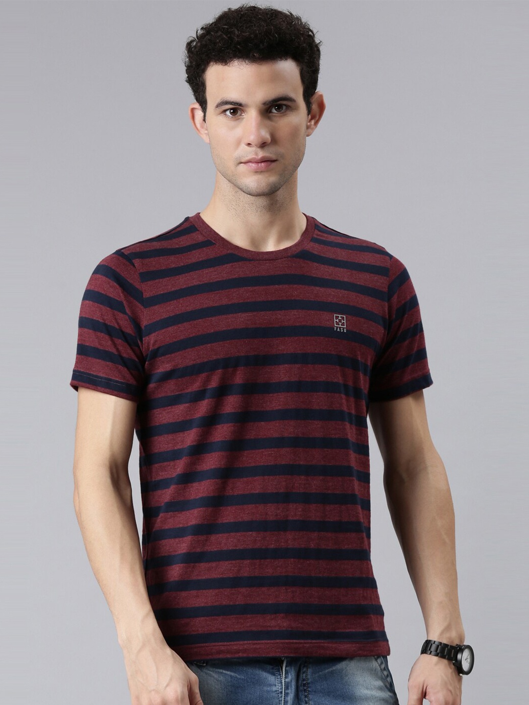 

FASO Men Maroon & Navy Blue Striped Organic Cotton T-shirt