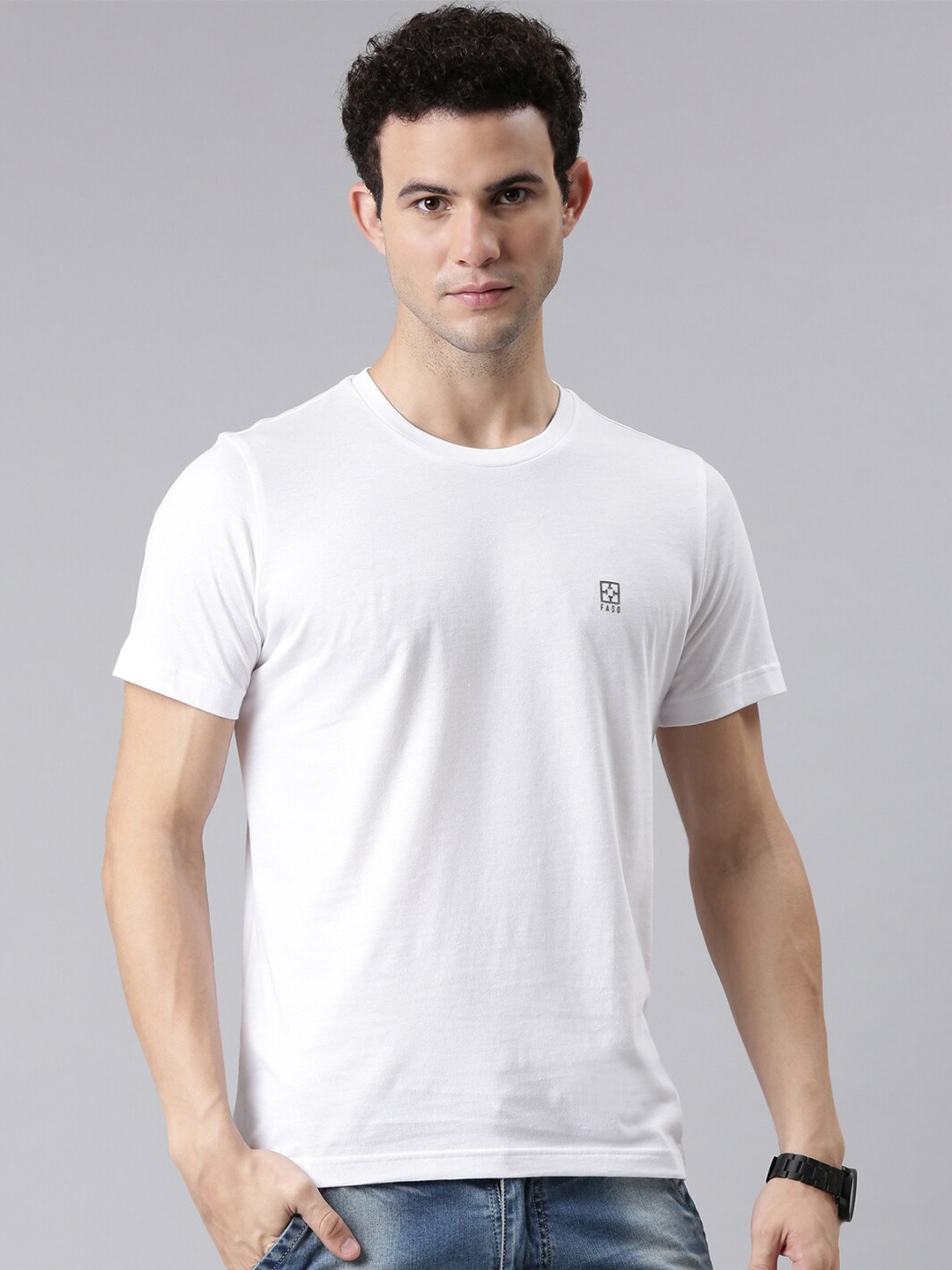 

FASO Men White Solid Organic Cotton T-shirt