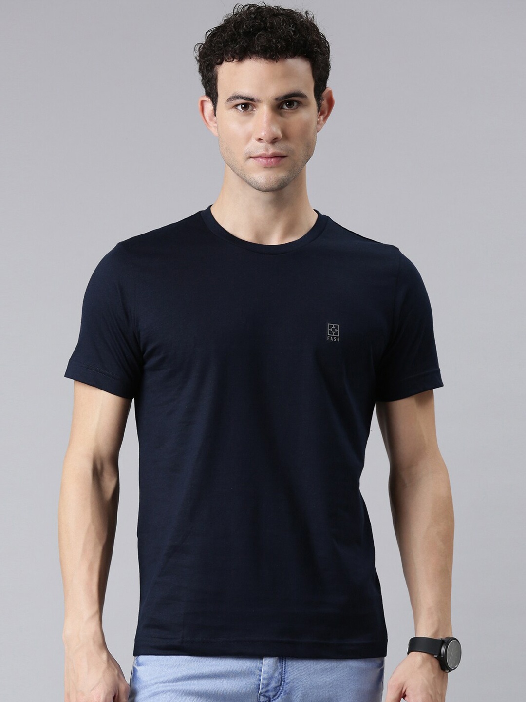 

FASO Men Navy Blue Solid Organic Cotton T-shirt