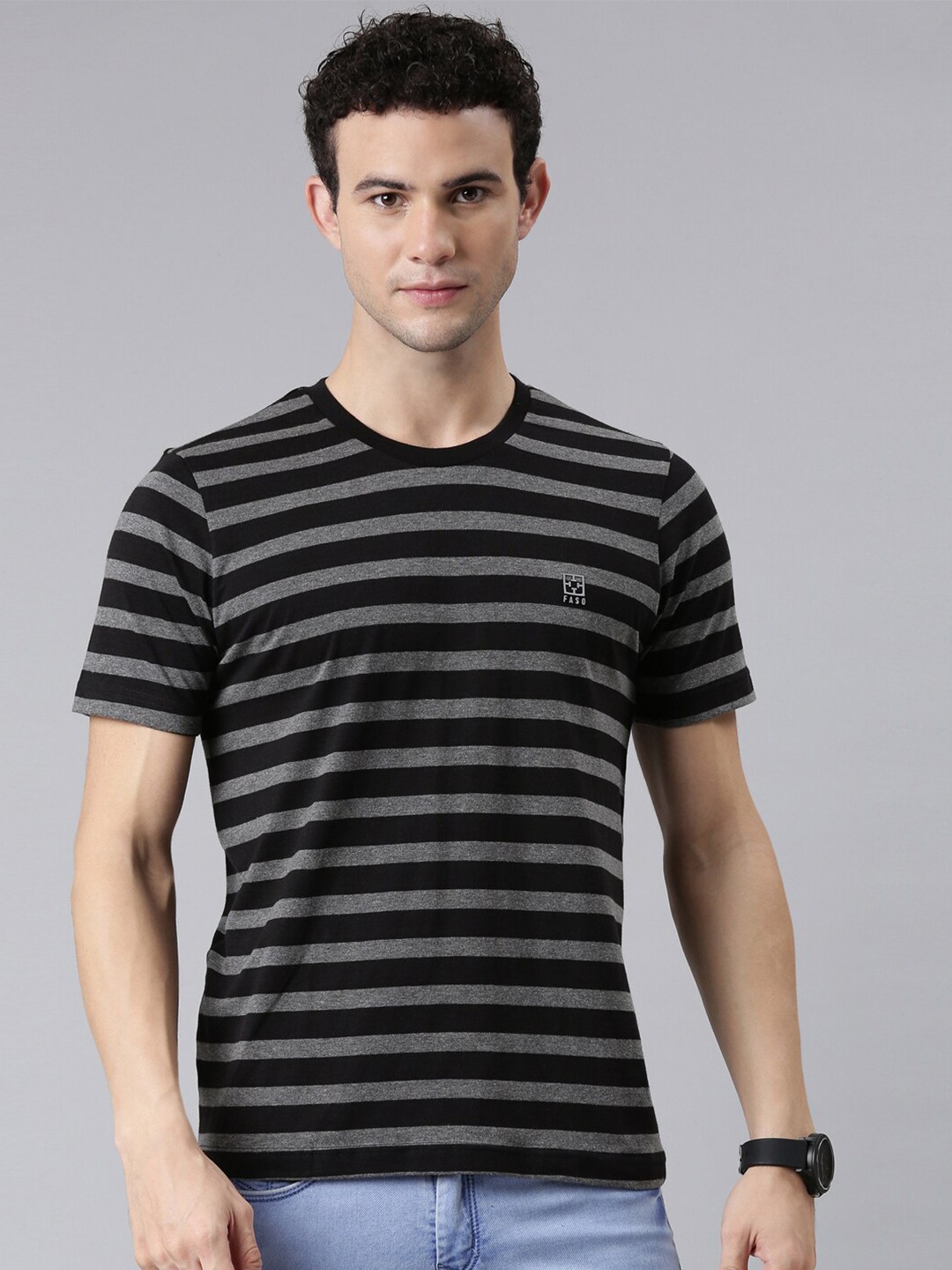 

FASO Men Black & Grey Striped Organic Cotton T-shirt