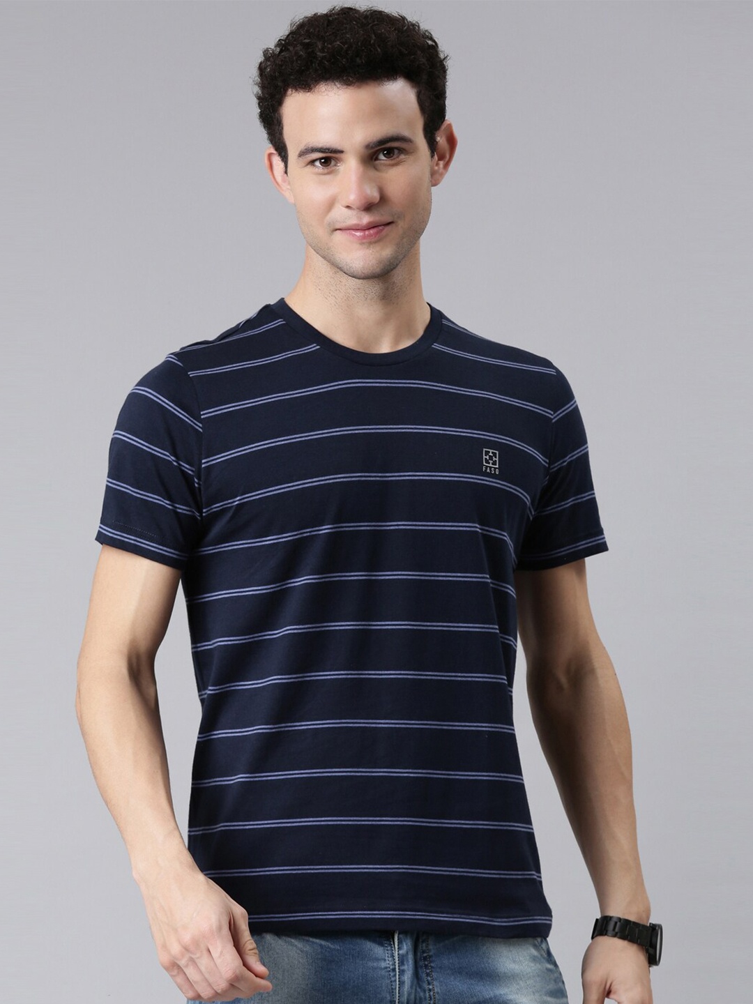

FASO Men Navy Blue Striped Organic Cotton T-shirt