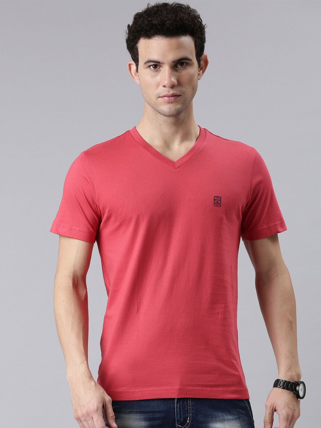 

FASO Men Red Solid V-Neck Organic Cotton T-shirt