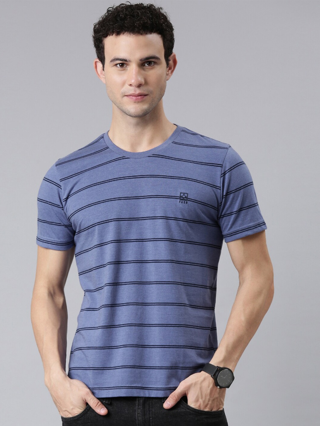 

FASO Men Blue & Black Striped Organic Cotton T-shirt